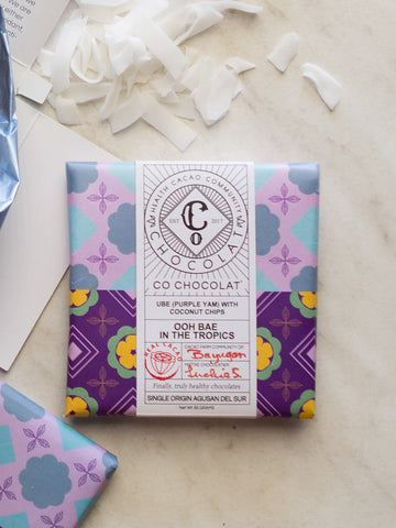LIMITED EDITION: Ooh Bae in the Tropics - Ube (Purple Yam in White Chocolate) with Coconut Chips - Co Chocolat - Finally, Truly Healthy Chocolates